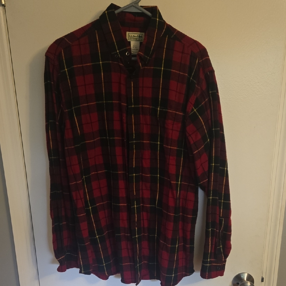 L.L. Bean Red Plaid Cotton Shirt with Black and Yellow Accents